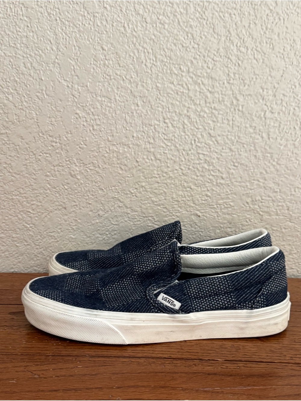 Vans Classic Slip-On Denim Navy Checkerboard Woven Women’s Sz. 7.5/Mens 6